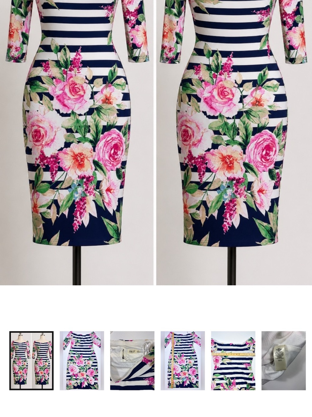 Eliza J Size 10 Floral Stripe Off Shoulder Sheath Dress Navy Dress.